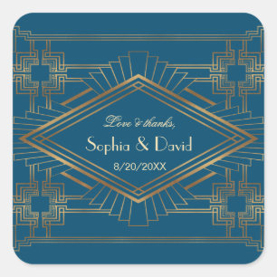 Glam Gold Great Gatsby Ocean Blue Wedding Quadratischer Aufkleber