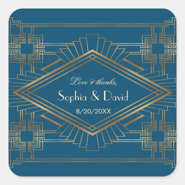 Glam Gold Great Gatsby Ocean Blue Wedding Quadratischer Aufkleber (Vorderseite)