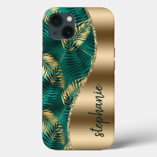Glam Gold Grün Tropicales Blattmuster Name Case-Mate iPhone Hülle
