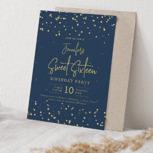 Glam Gold Imitats Foil Dots Sweet 16 Navy Blue Einladung