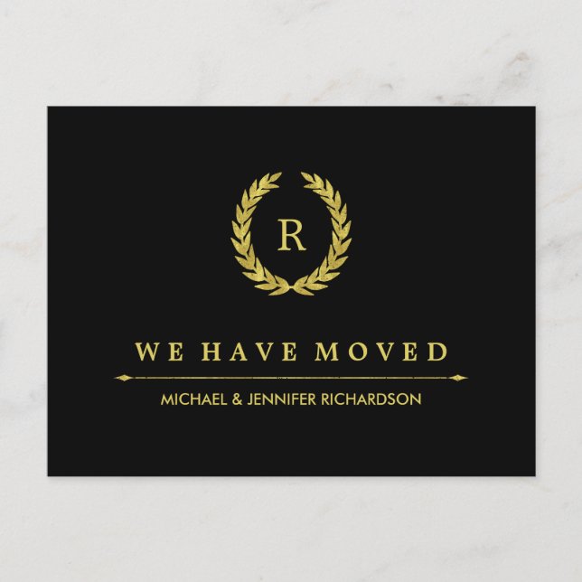 Glam Gold Laurel Wreath zum Schwarzen Adresswechse Ankündigungspostkarte (Vorderseite)