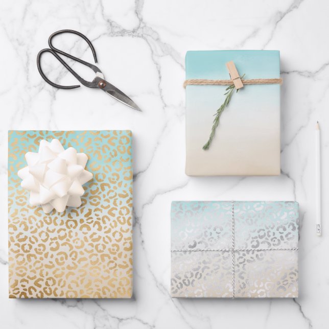 Glam Gold Leopard Print Aqua Ombre Aqua Geschenkpapier Set (Vorderseite)