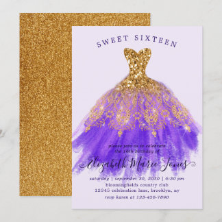 Glam Gold Lila Sparkle Dress Sweet 16. Geburtstag Einladung