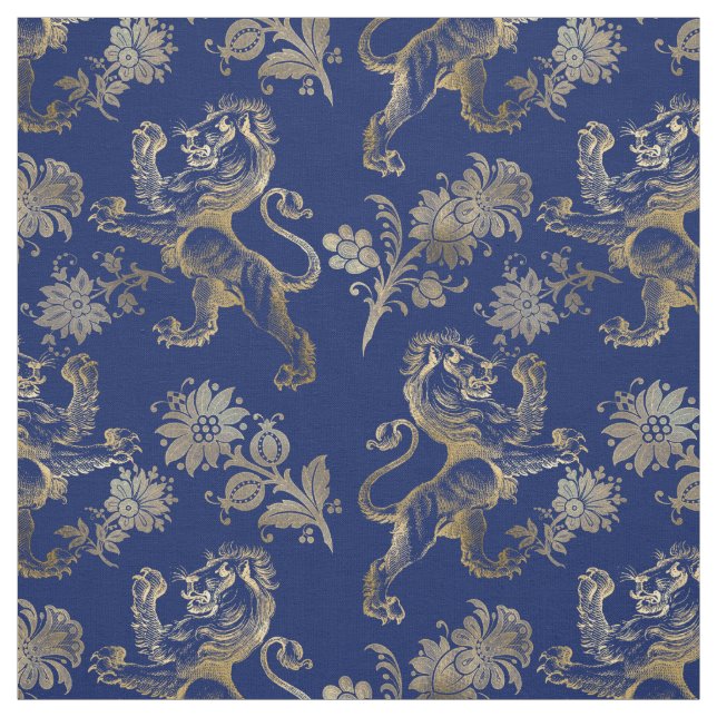 Glam Gold Lions Blume Navy Blue Graphic Stoff (Muster)