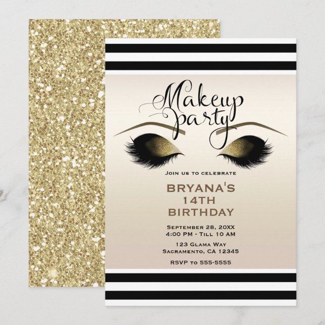 Glam Gold Makeup Eyelashes Beauty Custom Party Einladung (Vorne/Hinten)