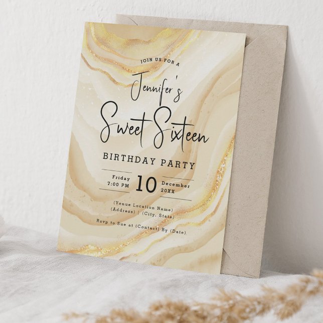 Glam Gold Marmor Glitzer Sweet 16 Party Einladung (Glam Gold Marble Glitter Sweet 16 Party Invitation)