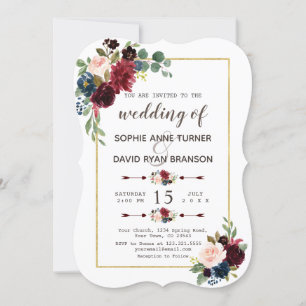 Glam Gold Merlot Navy Blue Floral Wedding Einladung