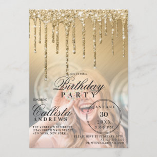 Glam Gold Metallic Glitzer Tropfen Foto Birthday Einladung