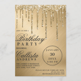 Glam Gold Metallic Glitzer Tropfen Geburtstag Einladung