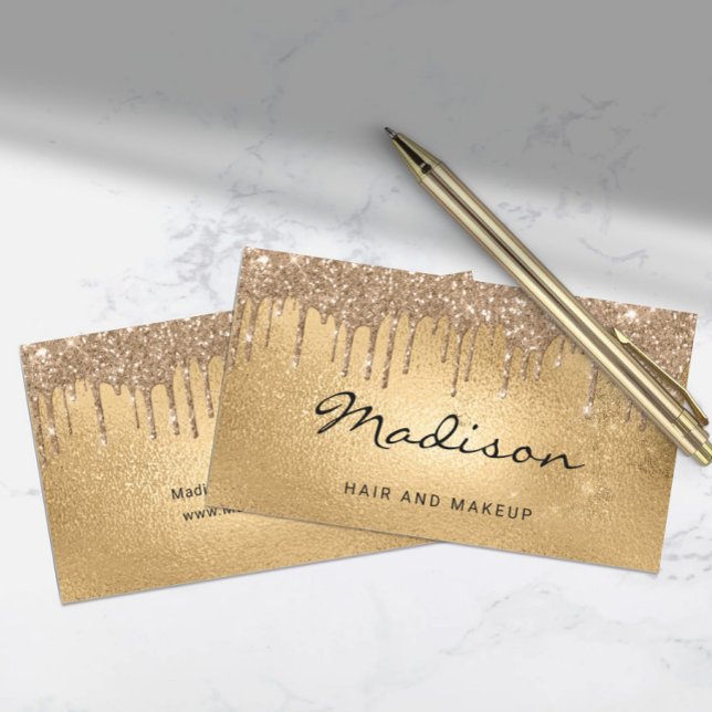 Glam Gold Metallic Glitzer Tropfen Hair & Makeup Visitenkarte (Glam Gold Metallic Glitter Drip Hair & Makeup Business Card)