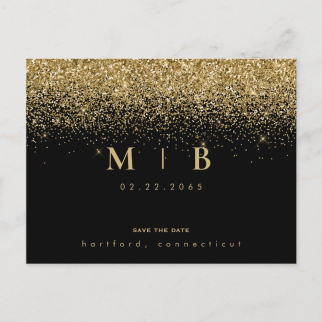 Glam Gold Monogram Black Save the Date Ankündigungspostkarte (Vorderseite)