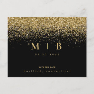 Glam Gold Monogram Black Save the Date  Postkarte
