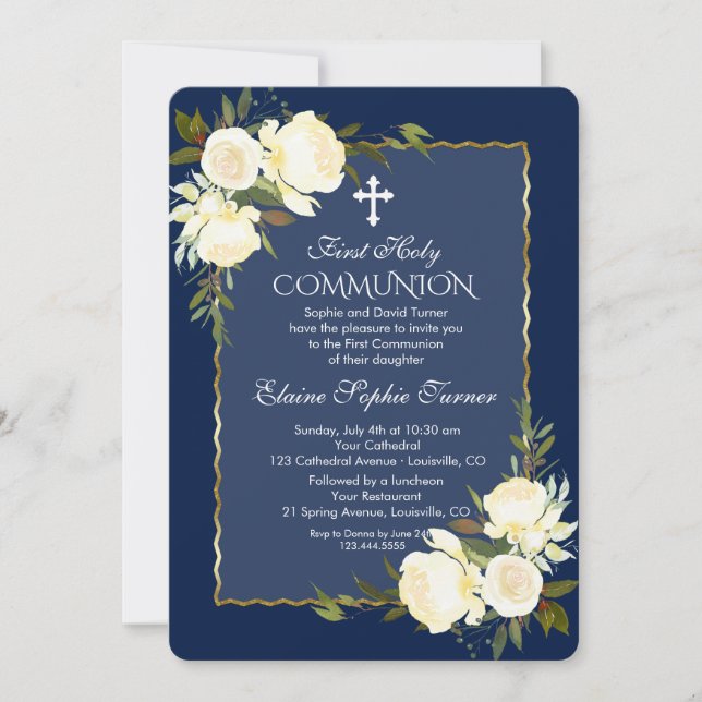 Glam Gold Navy Blue White Floral First Communation Einladung (Vorderseite)