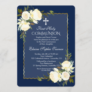 Glam Gold Navy Blue White Floral First Communation Einladung