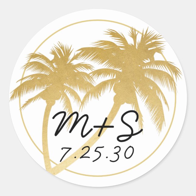 Glam Gold Palm Tree Beach Wedding Monogram Runder Aufkleber (Vorderseite)