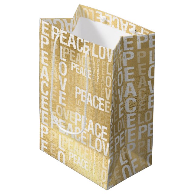 Glam Gold Peace Liebe Mittlere Geschenktüte (Vorderseite Schrägansicht)