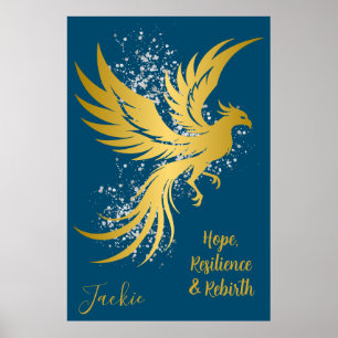 Glam Gold Phoenix Silver Glitzer Monogram Blue   Poster