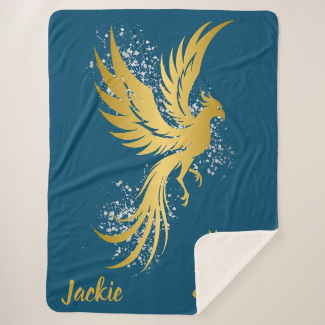 Glam Gold Phoenix Silver Glitzer Monogram Blue | Sherpadecke (Vorderseite)