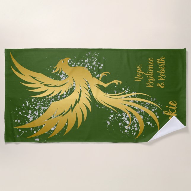 Glam Gold Phoenix Silver Glitzer Monogram Green | Strandtuch (Vorderseite)