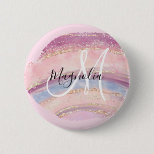 Glam Gold Pink Blau Edelstein Pinselstrich Monogra Button