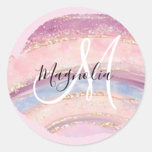 Glam Gold Pink Blau Edelstein Pinselstrich Monogra Runder Aufkleber