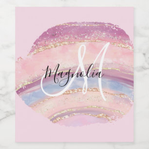 Glam Gold Pink Blau Edelstein Pinselstrich Monogra Weinetikett