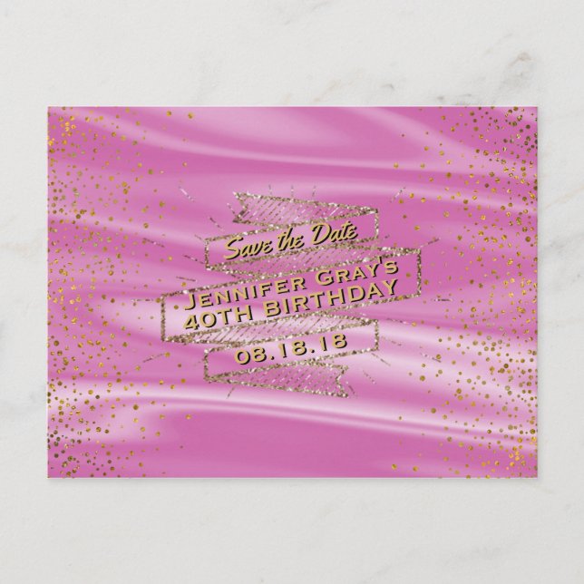 Glam Gold Pink Save the Date Frauen Geburtstagspar Ankündigungspostkarte (Vorderseite)