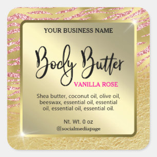 Glam Gold Pink Zebra Print Body Butter Labels Quadratischer Aufkleber