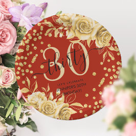 Glam Gold Red Floral Glitzer 30. Geburtstagsschrif Pappteller