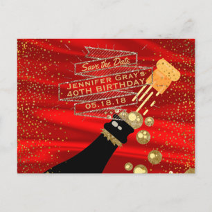 Glam Gold Red Save the Date Champagne Birthday Ankündigungspostkarte