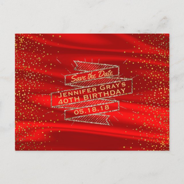 Glam Gold Red Save the Date Elegante Geburtstagspa Ankündigungspostkarte (Vorderseite)