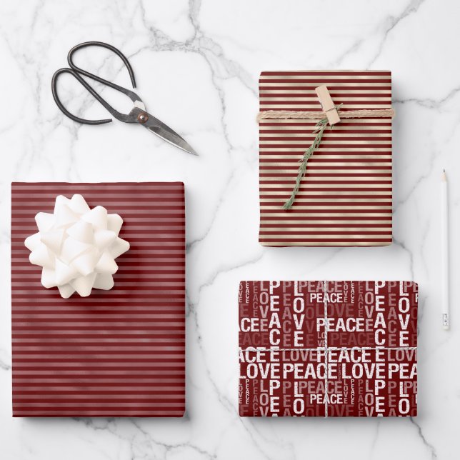 Glam Gold Red Stripes Peace Liebe Geschenkpapier Set (Vorderseite)