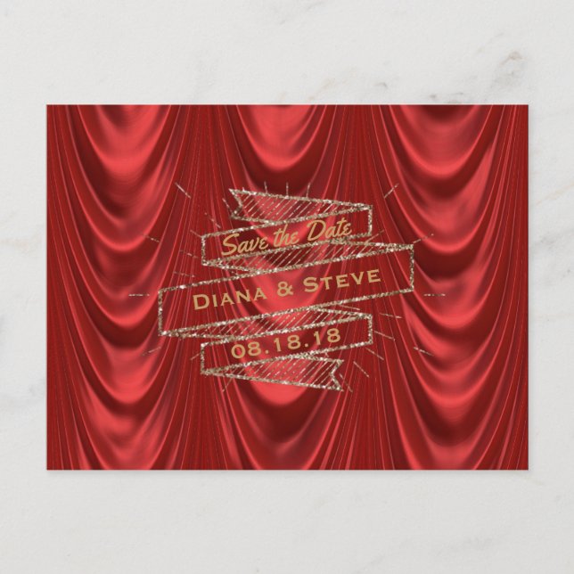 Glam Gold Red Wedding | Elegant Save the Date Ankündigungspostkarte (Vorderseite)