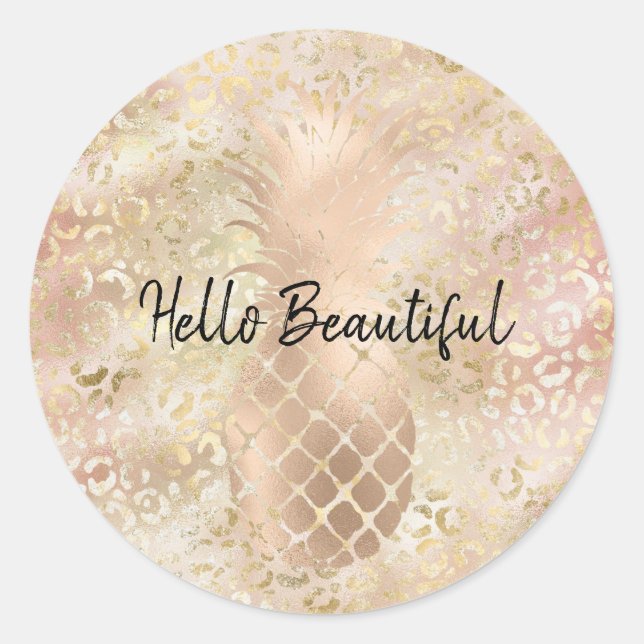 Glam Gold Rose Blush Pink Leopard Print Ananas Runder Aufkleber (Vorderseite)