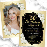 Glam Gold Schwarz-weißes Foto 50. Geburtstag Einladung<br><div class="desc">Elegante florale feminine 50. Geburtstagseinladung mit Ihrem Foto auf der Kartenrückseite. Glam-Design mit Imitat Gold. Enthält weiße Rosen,  Skript-Schriftart und Konfetti. Ideal für ein stilvolles Party für Erwachsene. Personalisieren Sie Ihre persönlichen Daten. Kann für jedes Alter angepasst werden! Gedruckte Zazzle Einladungen oder Sofortdownload digitalen druckbaren Vorlage.</div>