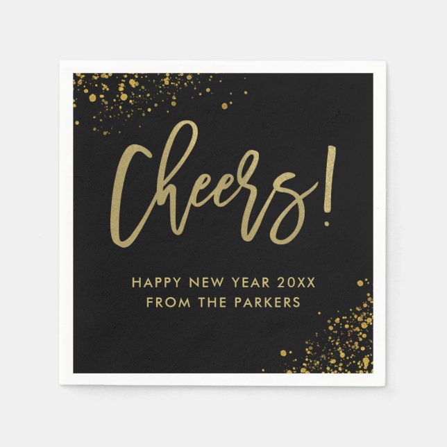 Glam Gold Script auf schwarz | Cheers New Years Serviette (Vorderseite)