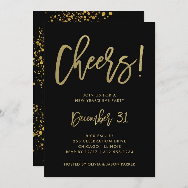 Glam Gold Script auf schwarz | Silvester Party Einladung (Vorne/Hinten)