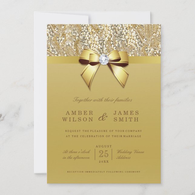 Glam Gold Sequins und Bow Wedding Einladung (Vorderseite)