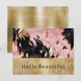 Glam Gold Sparkle Pink Black Cowhide Postkarte