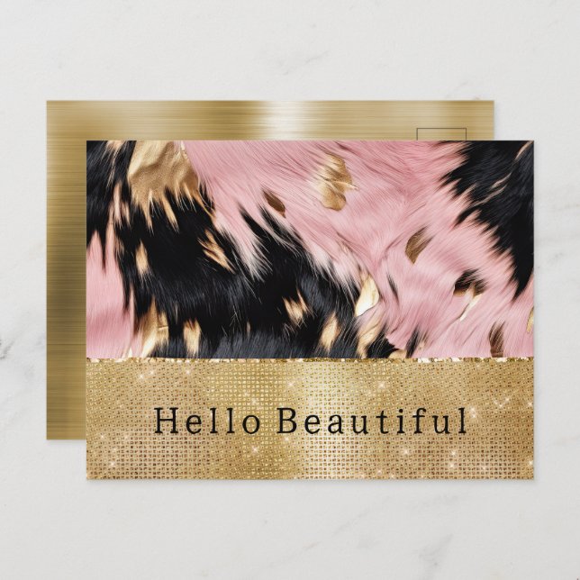 Glam Gold Sparkle Pink Black Cowhide Postkarte (Vorne/Hinten)