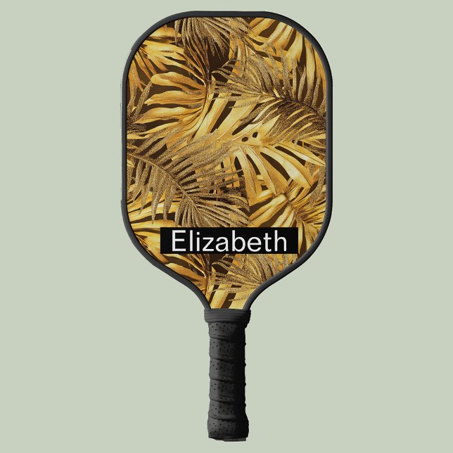 Glam Gold Tropical Leaves Personalized Pickleball Schläger (Von Creator hochgeladen)