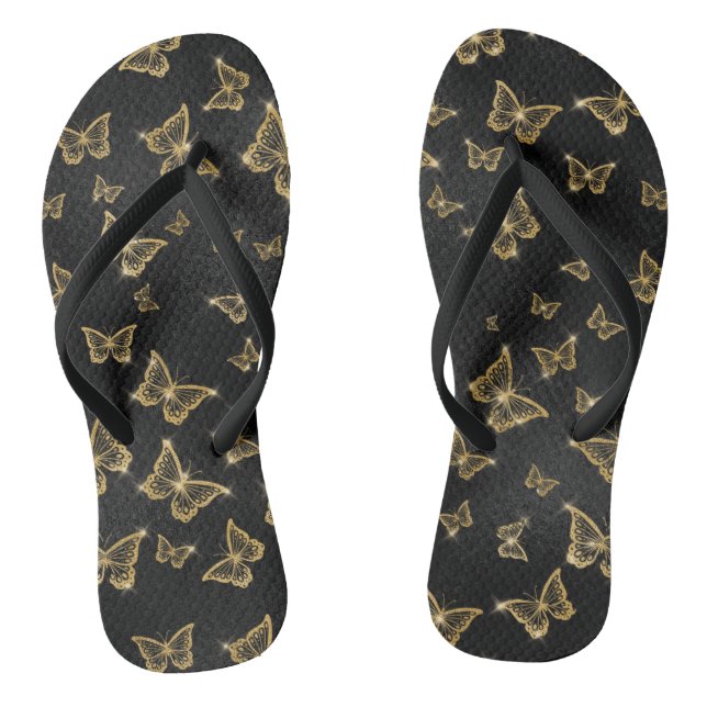 Glam Gold und schwarze Schmetterlinge Muster Flip Flops (Fußbett)