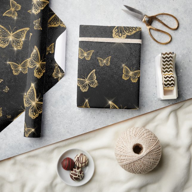Glam Gold und schwarze Schmetterlinge Muster Geschenkpapier (Kunsthandwerk)
