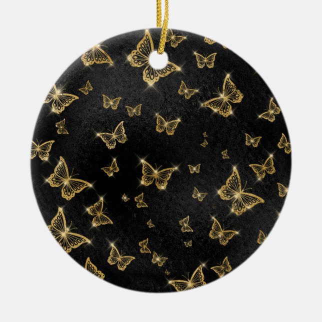 Glam Gold und schwarze Schmetterlinge Muster Keramik Ornament (Vorne)
