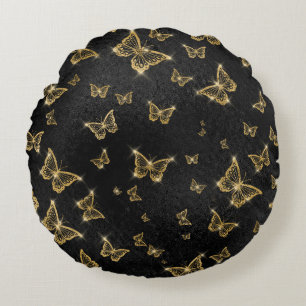 Glam Gold und schwarze Schmetterlinge Muster Rundes Kissen