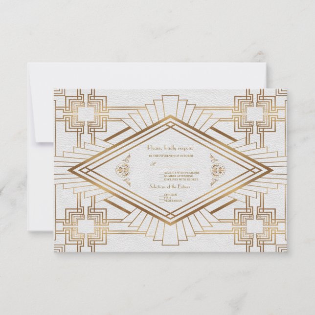 Glam Gold White Great Gatsby Wedding RSVP Karte (Vorderseite)