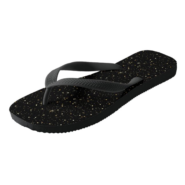 Glam goldfarbener Glitzer und Glitzern auf schwarz Flip Flops (Schrägansicht)