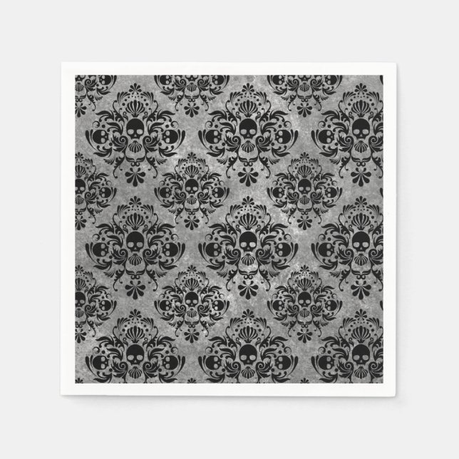 Glam Goth Mini Skull Damask Muster Schwarz Grau Serviette (Vorderseite)