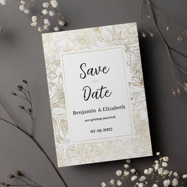 Glam-Graumarmor Save the Date Einladung (Glam white gold gray marble floral Save the Date)