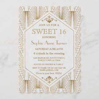 Glam Great Gatsby Art Deco Gold White Sweet 16 Einladung